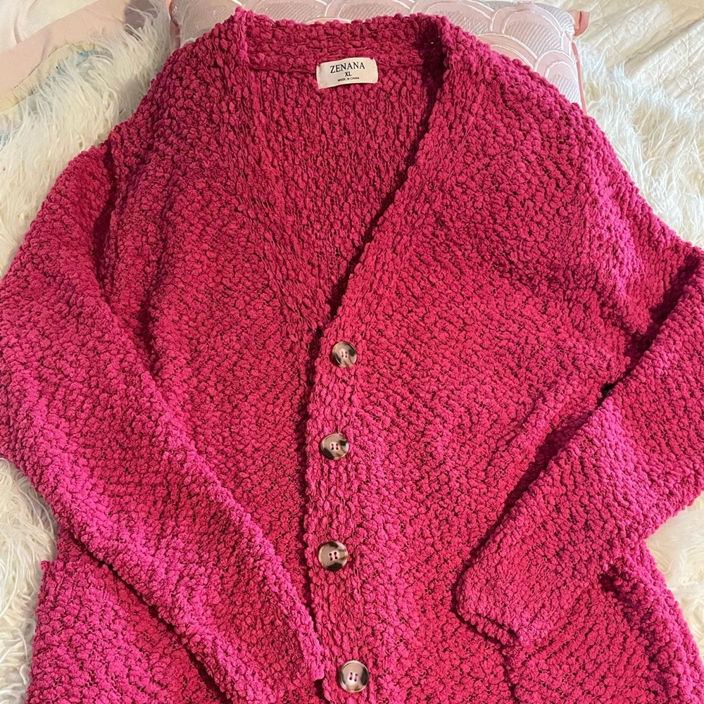 Zenana Outfitters Hot Pink Popcorn Button Cardigan XL